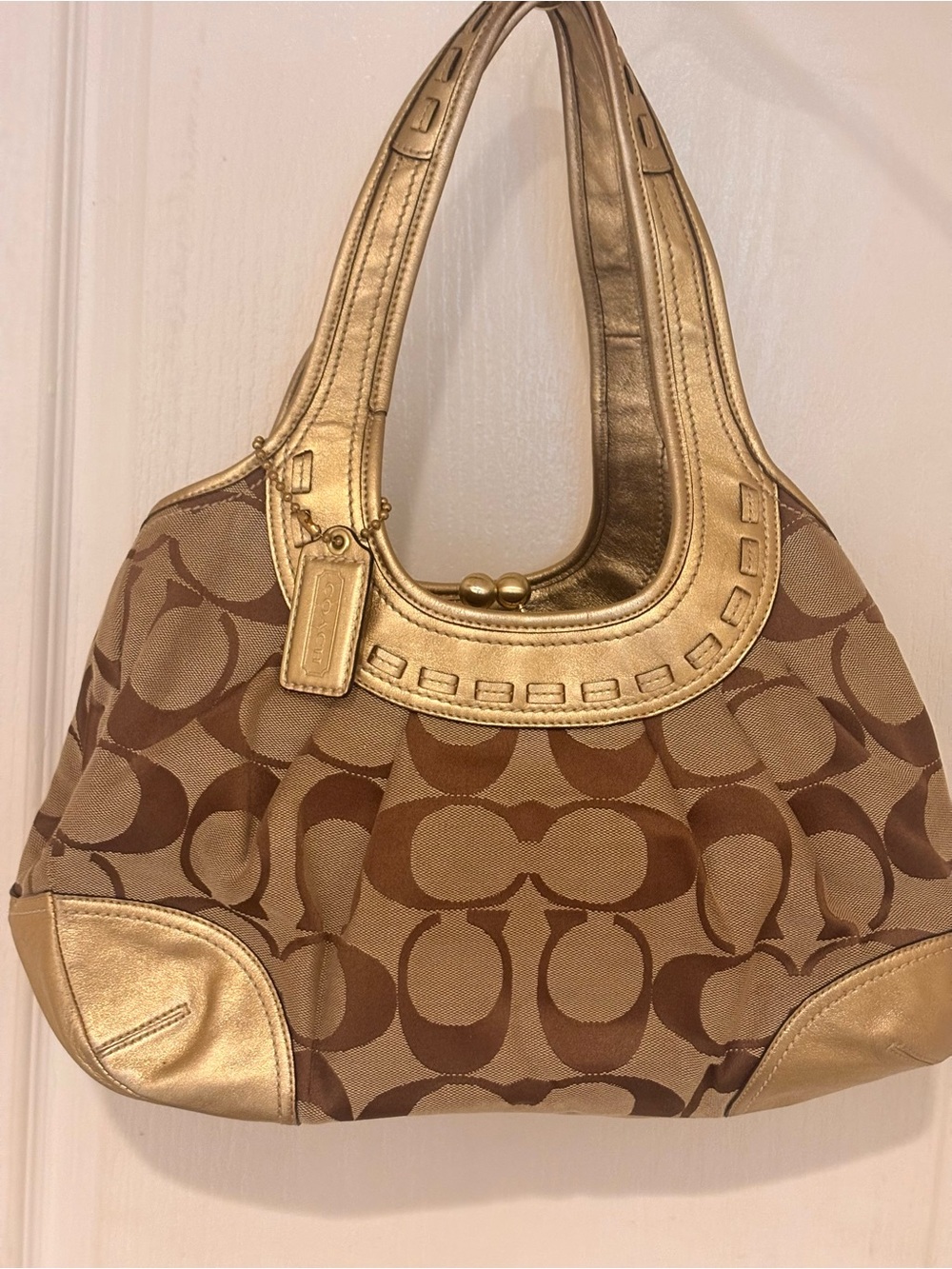 Coach Brown Signature Canvas Shoulder Bag with Gold Metallic Trim